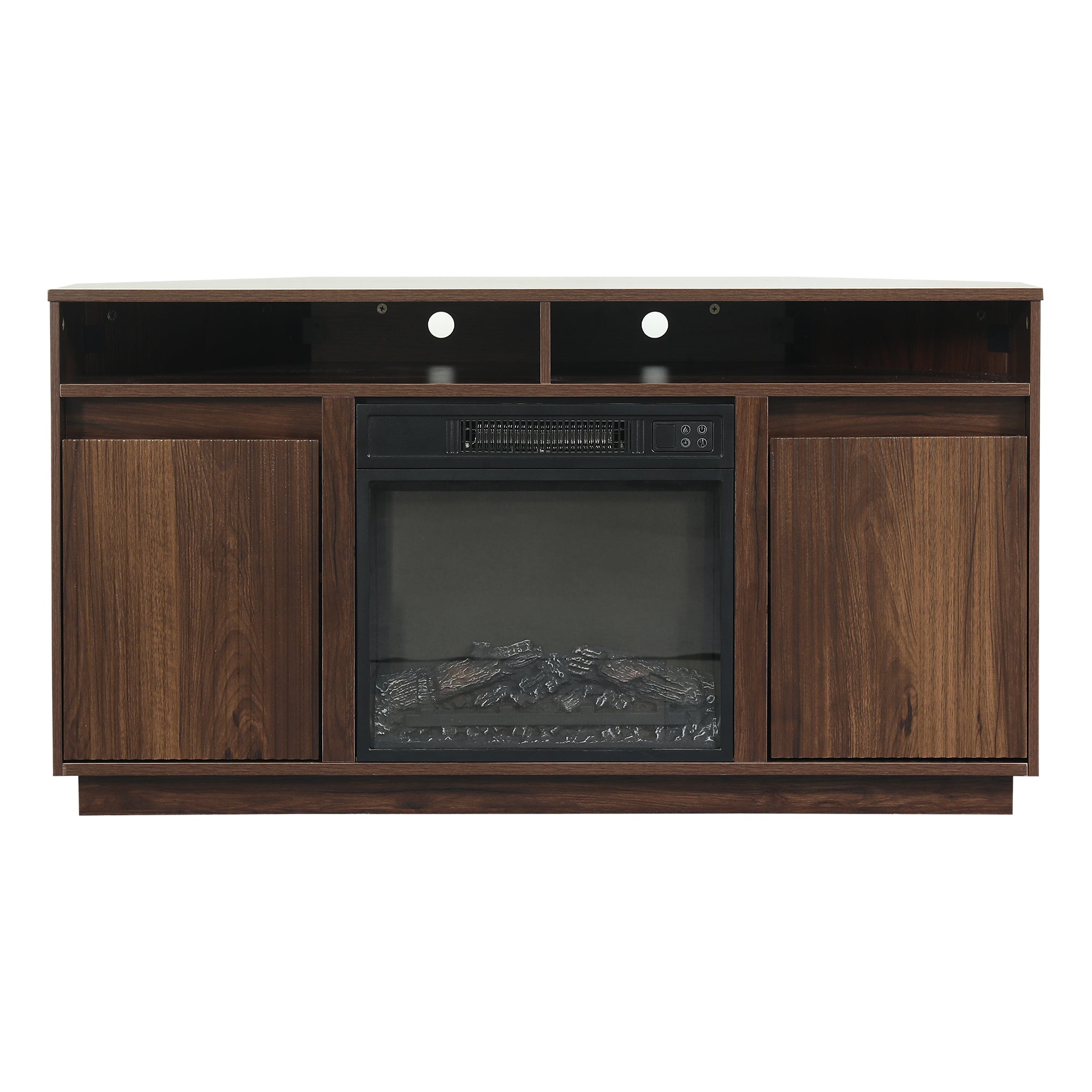 Dark walnut wood TV stand with an integrated electric fireplace and side cabinets