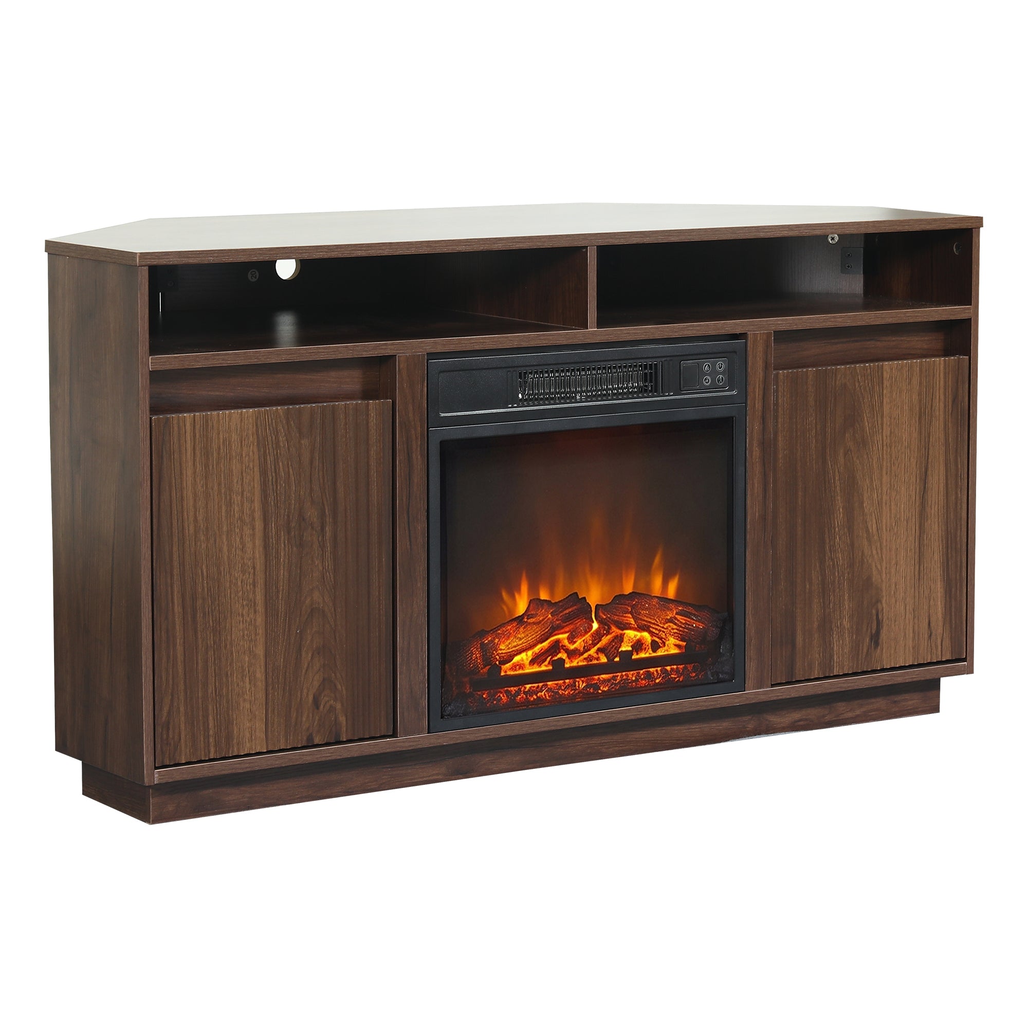 Dark wood TV stand with integrated electric fireplace and side cabinets