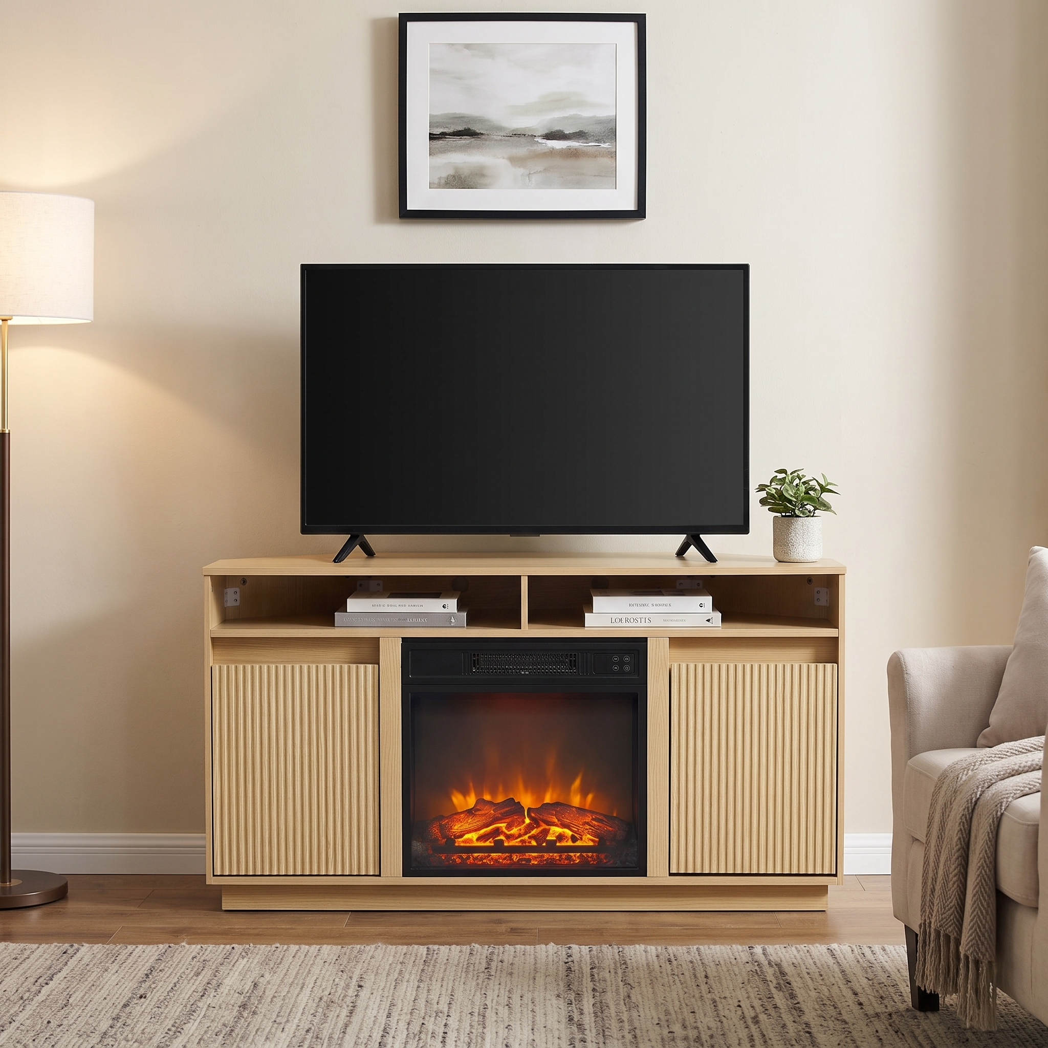 Modern light wood TV stand with built-in electric fireplace and fluted cabinet doors