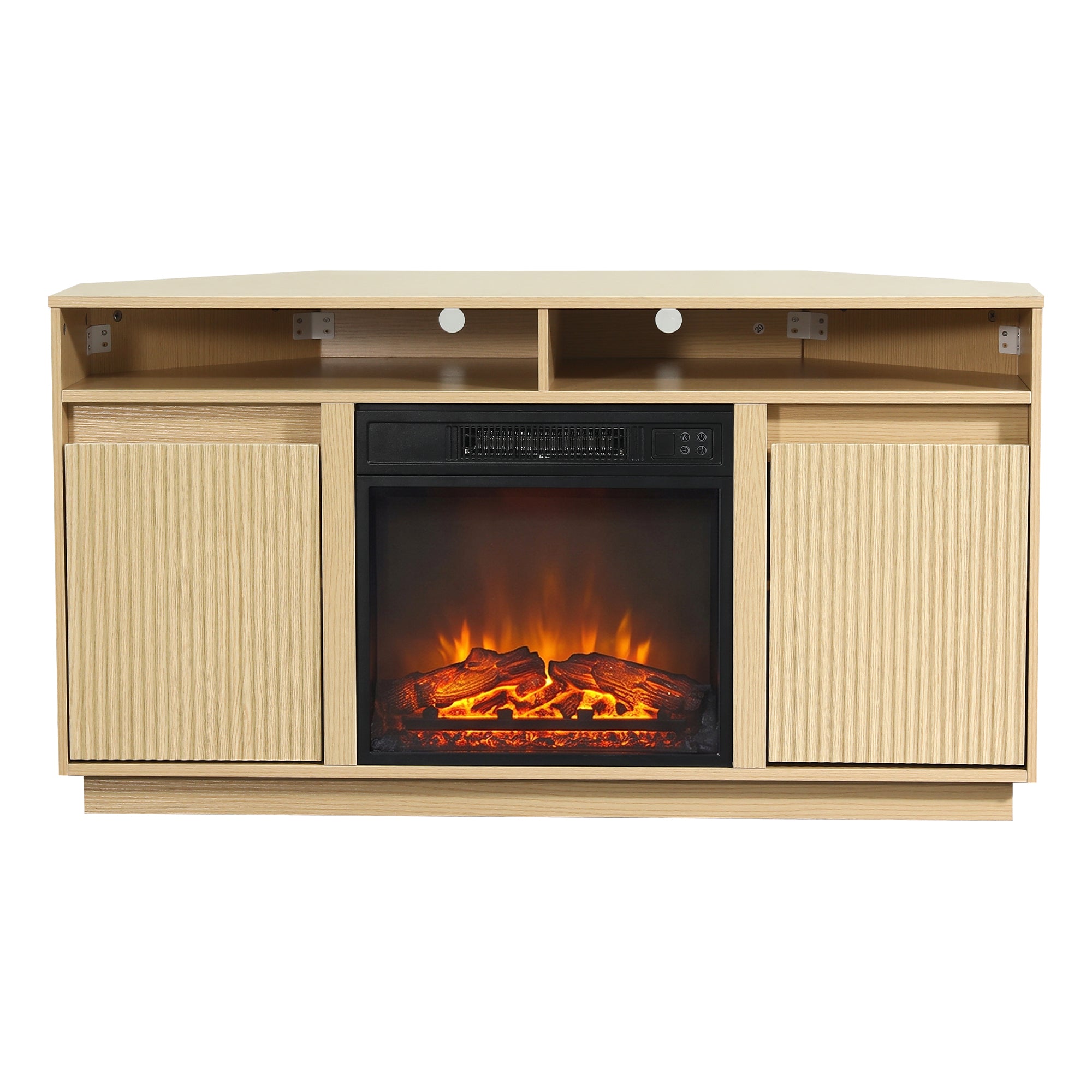 Light oak wood TV stand with integrated electric fireplace and slatted cabinet doors