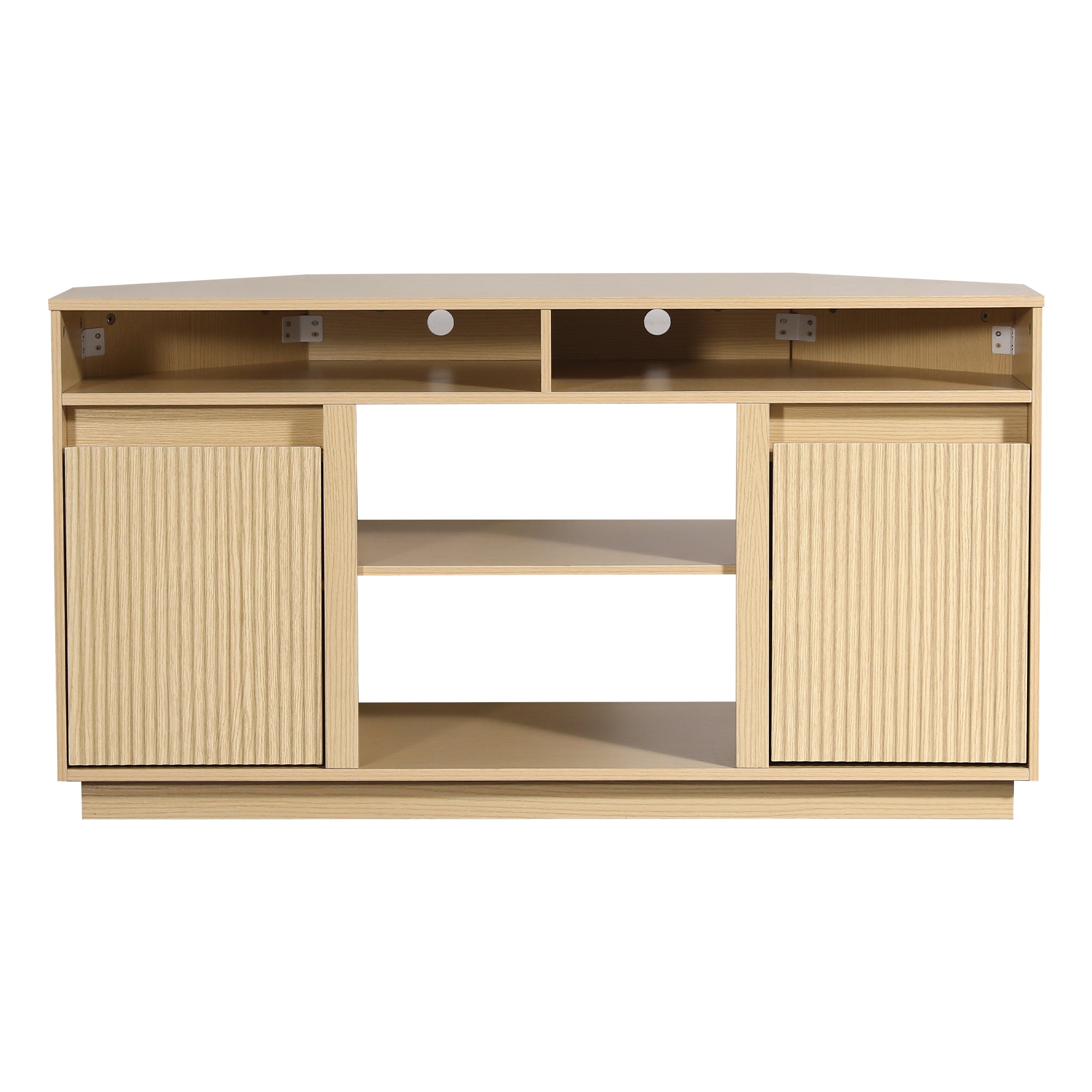 Light wood TV stand with slatted cabinet doors and open shelving