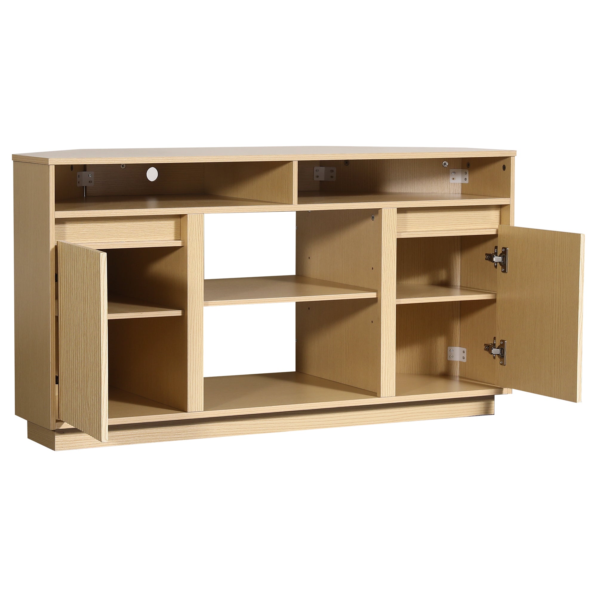 Light wood entertainment center with open shelving and two open cabinet doors