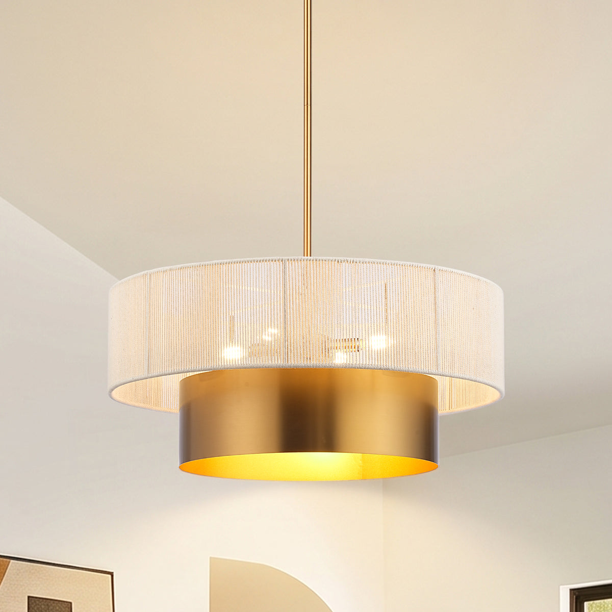Elva 5-Light Vintage Brass Chandelier with Cotton Rope Drum Shade