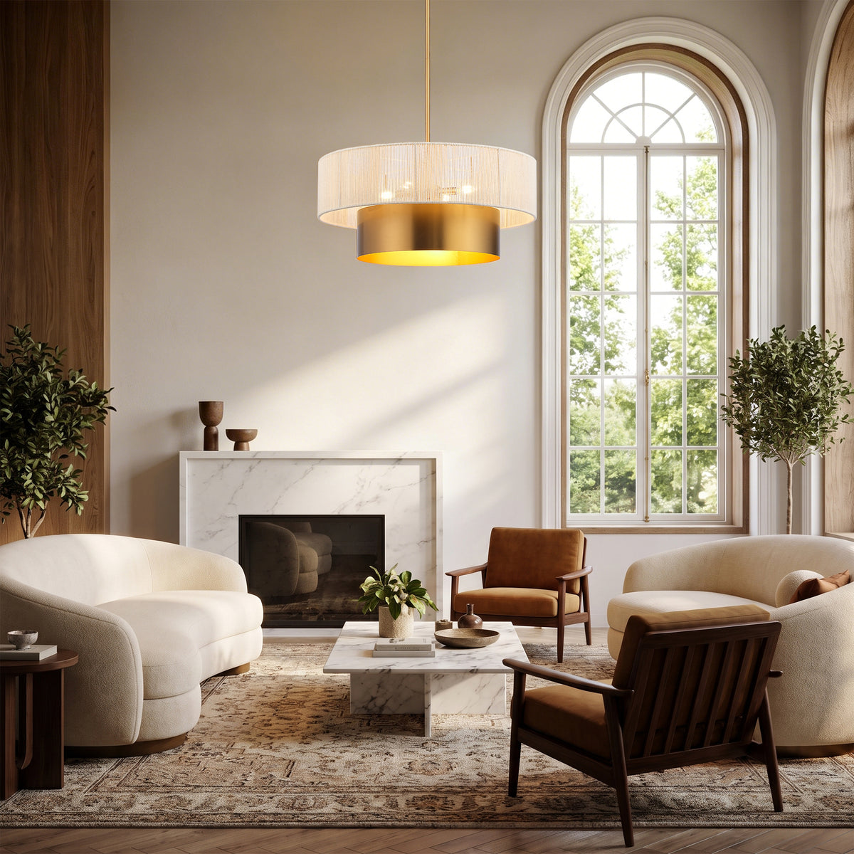 Elva 5-Light Vintage Brass Chandelier with Cotton Rope Drum Shade