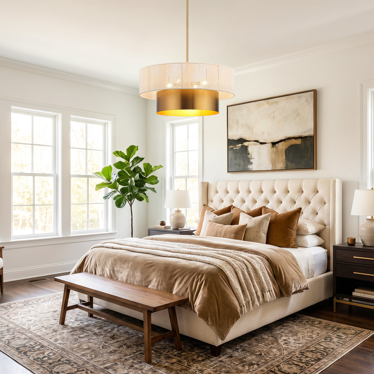 Elva 5-Light Vintage Brass Chandelier with Cotton Rope Drum Shade