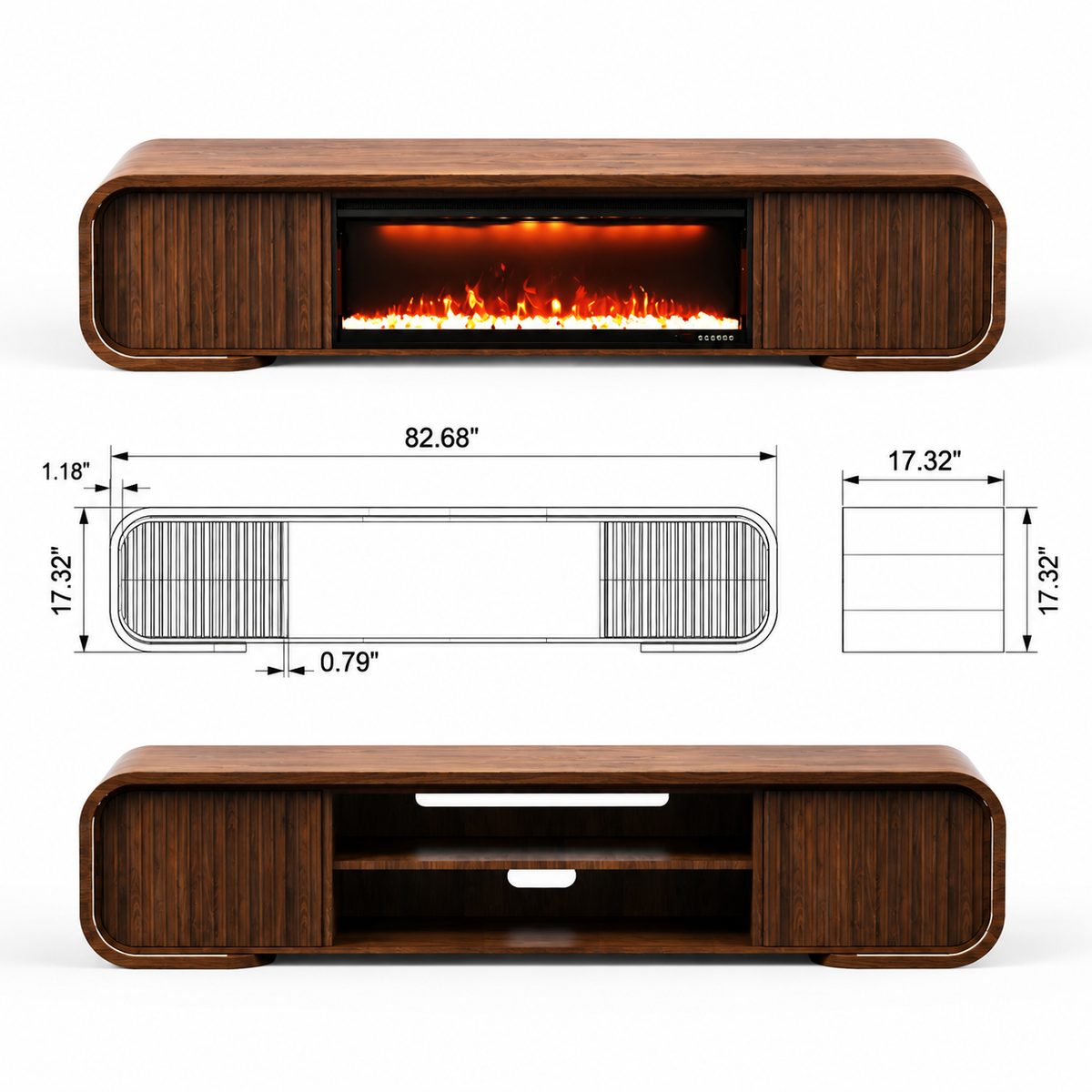 Modern Walnut TV Stand & Coffee Table with Color-Changing LED Lights, Optional 36-Inch Electric Fireplace