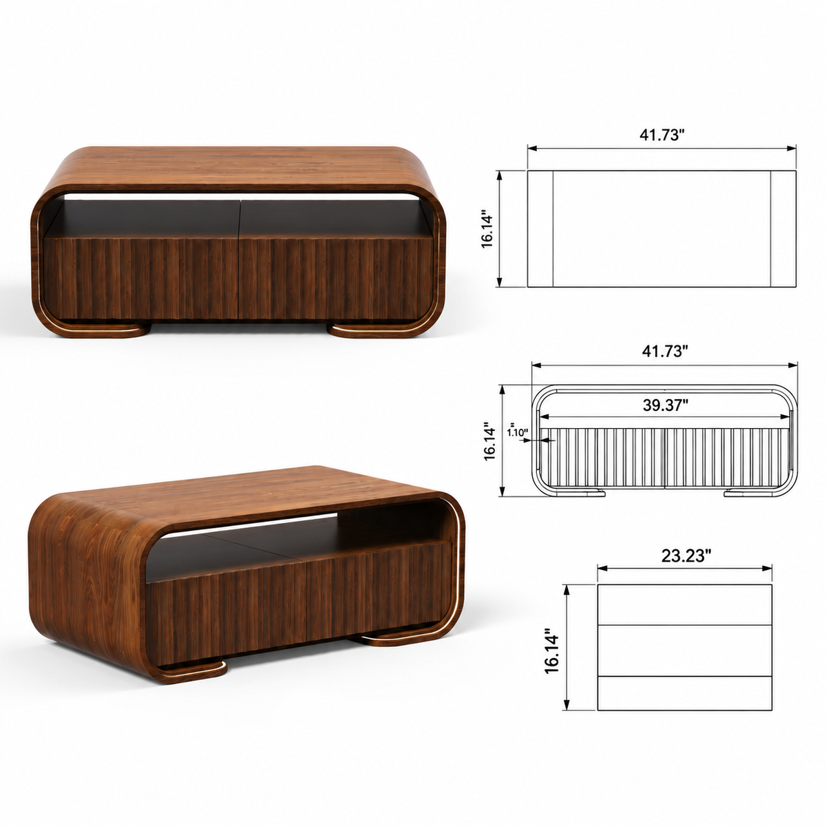 A wooden sideboard or console table shown from three angles, including a 3D rendering view, a technical line drawing, and a dimension table. The product features a rich dark brown wood grain finish with a curved top and base, and a central dark glass or black panel.
