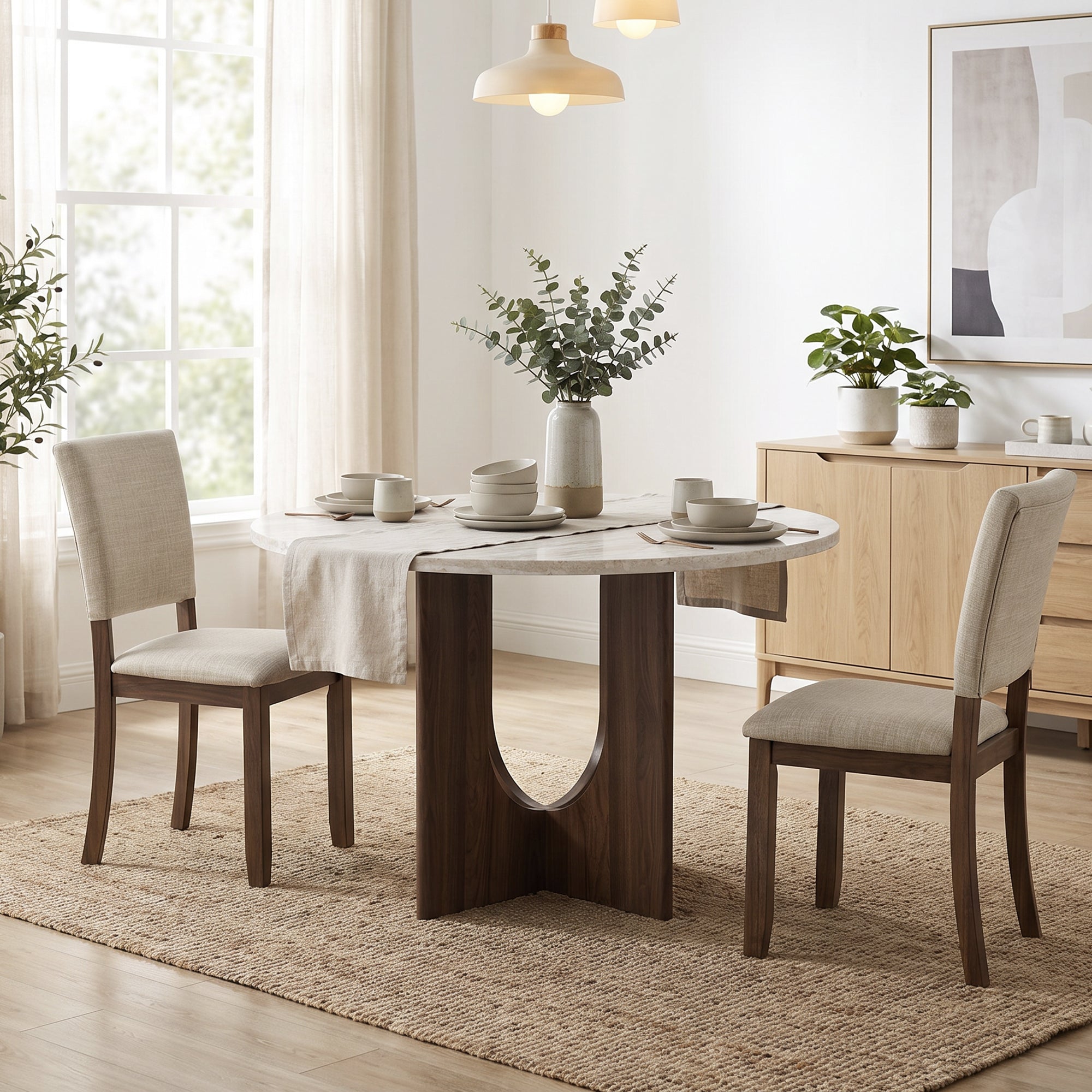 Modern round marble dining table with walnut base and beige fabric chairs