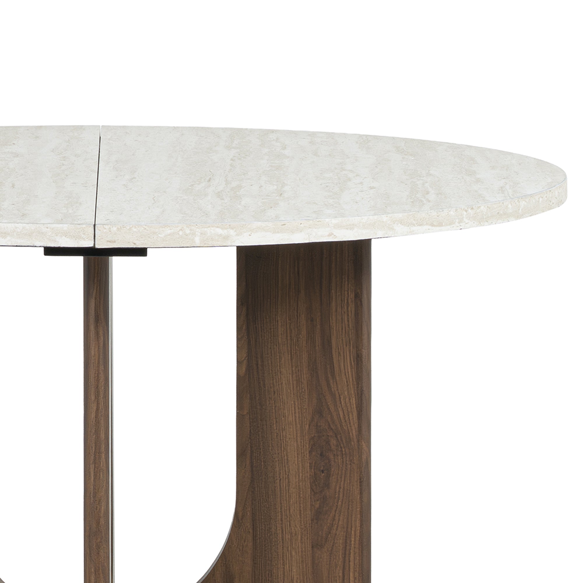 A round white marble dining table with a dark wood base.