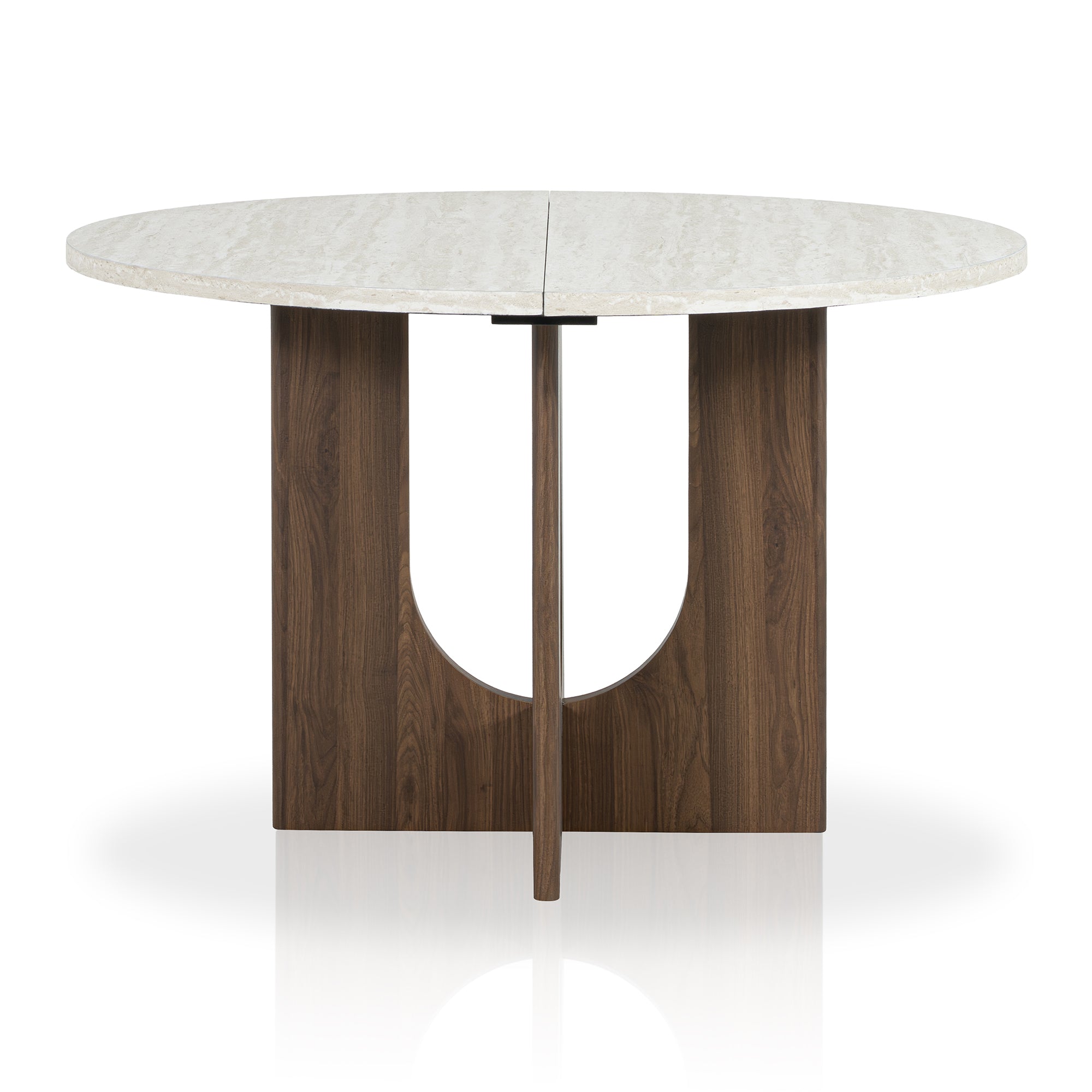 Round white marble dining table with a dark wood curved pedestal base
