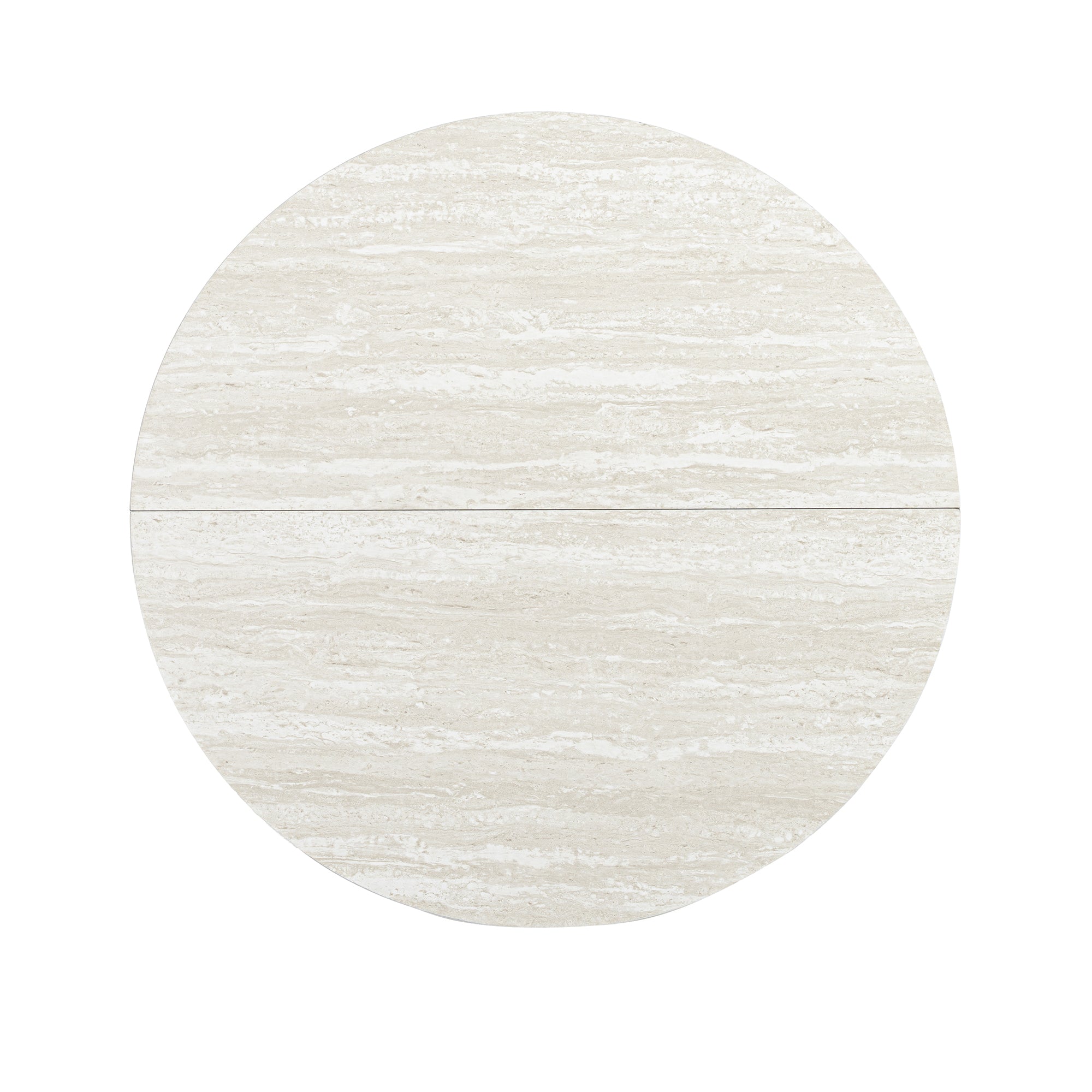 Top view of a round light-colored travertine marble table top