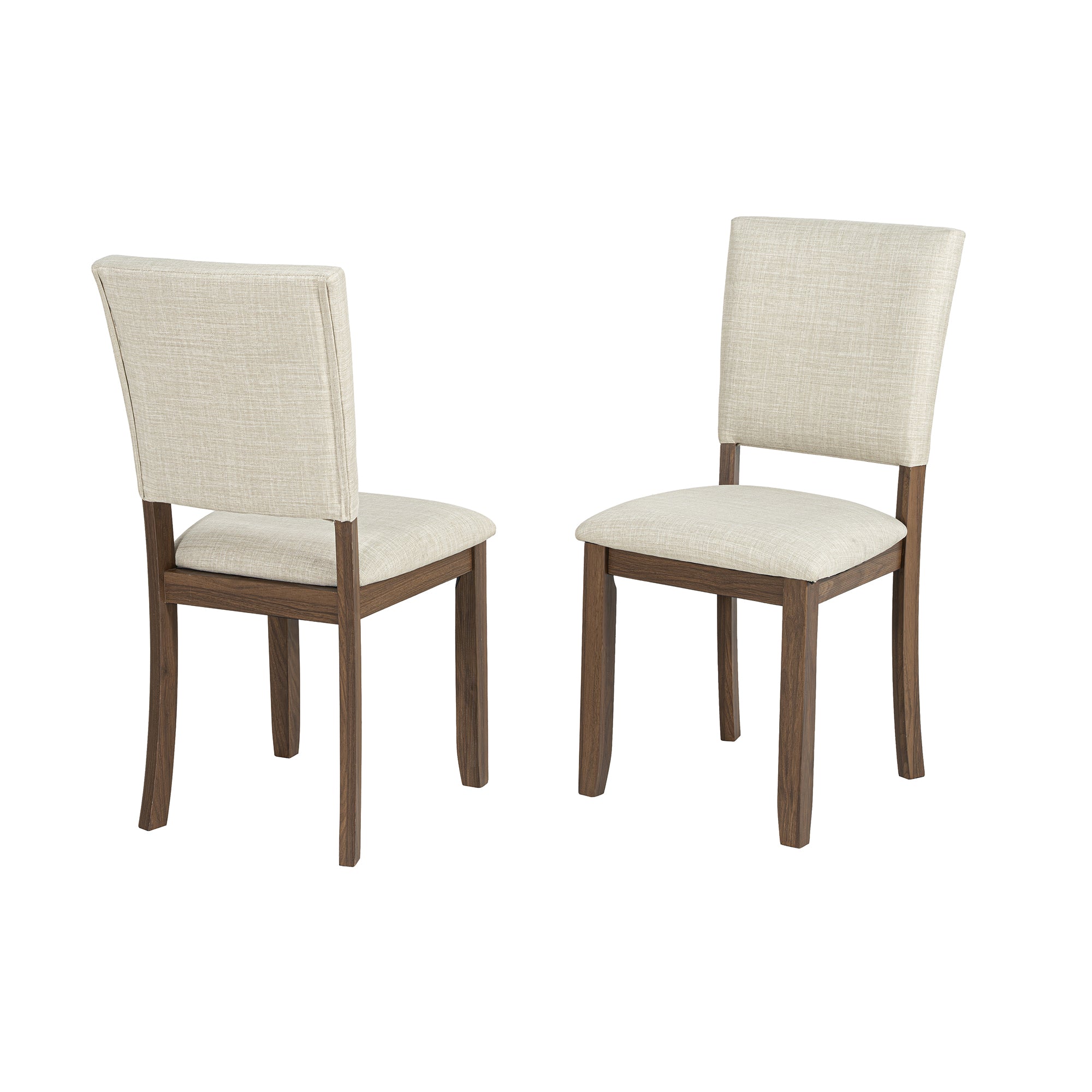 Pair of modern dining chairs with beige fabric upholstery and dark wood legs