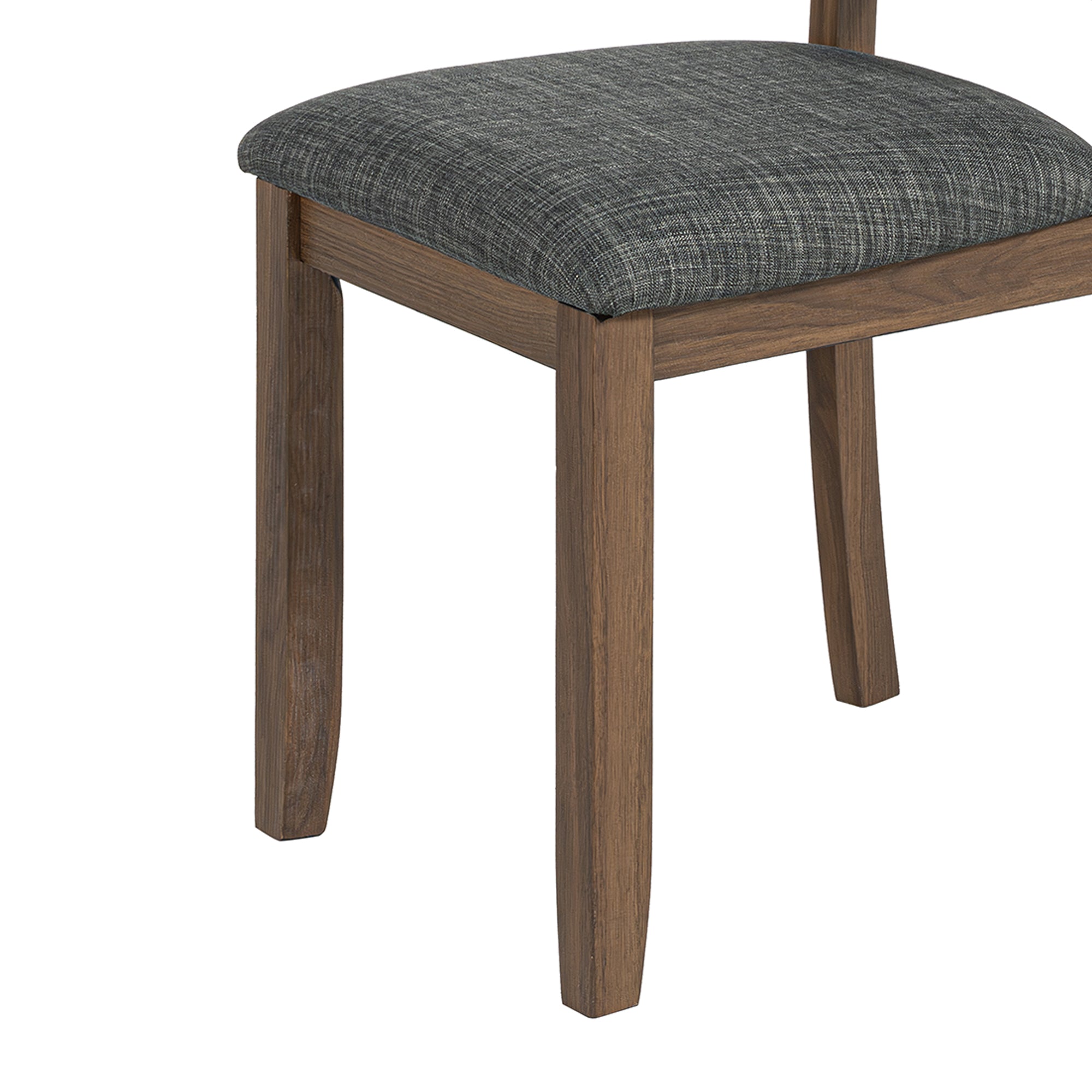 Close-up of a dining chair with a gray fabric upholstered seat and dark wood legs