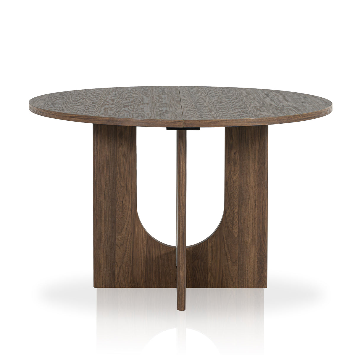 Round walnut wood dining table with a modern curved pedestal base