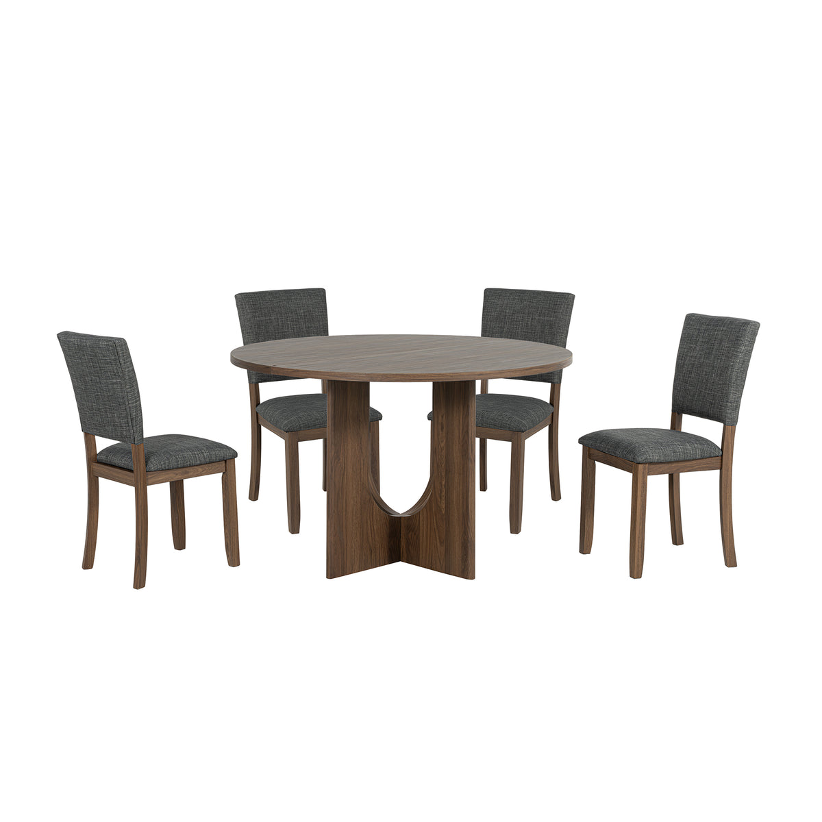 Round walnut wood dining table with four gray upholstered chairs