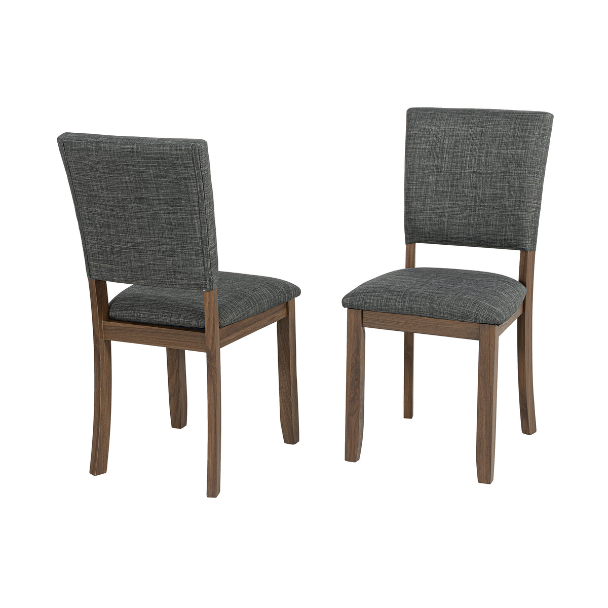 Two modern dining chairs with charcoal grey fabric upholstery and dark walnut wood legs
