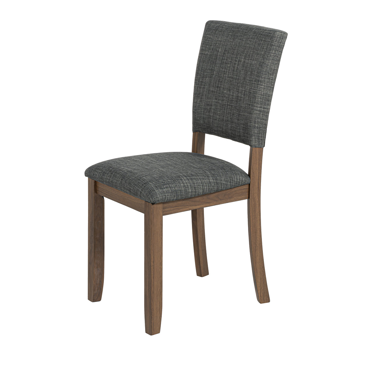 Modern dining chair with dark grey fabric upholstery and walnut finished wood legs