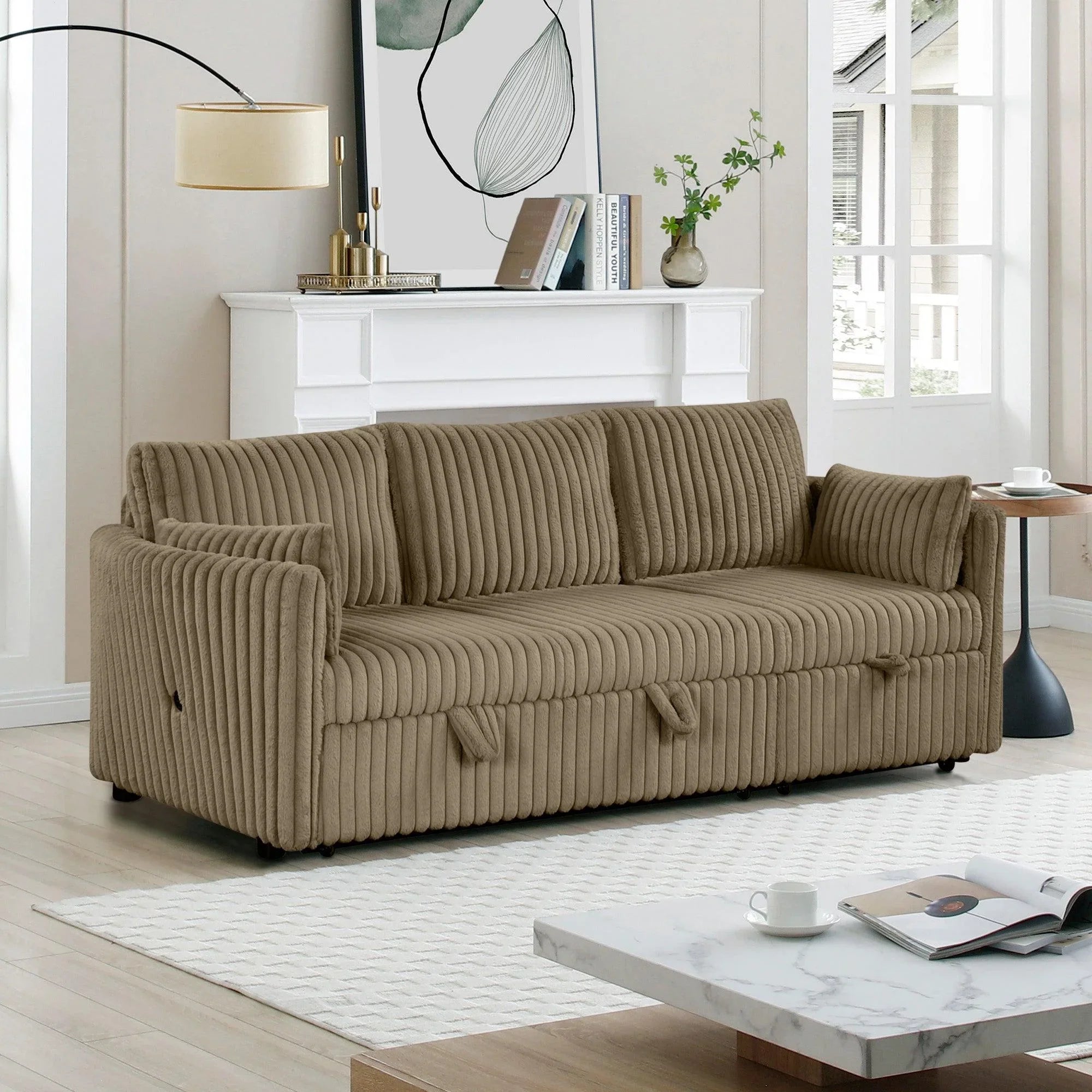 Brown Faux Fur Oversized Convertible Sleeper Sectional Sofa Couch Daybed and Chair Pull Out with 2 Pillows, USB Charging Ports for Living Room