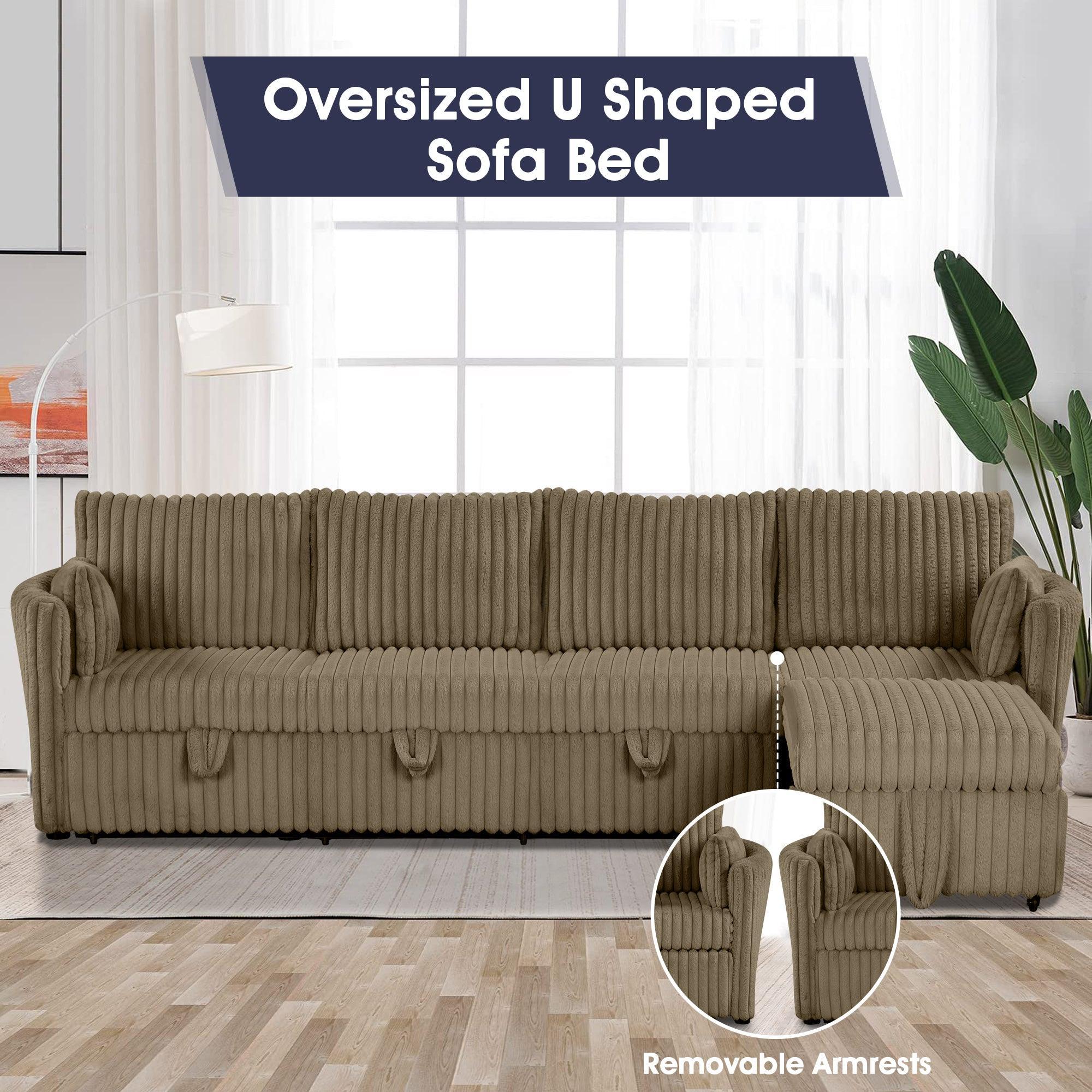 Brown Faux Fur Oversized Convertible Sleeper Sectional Sofa Couch Daybed and Chair Pull Out with 2 Pillows, USB Charging Ports for Living Room