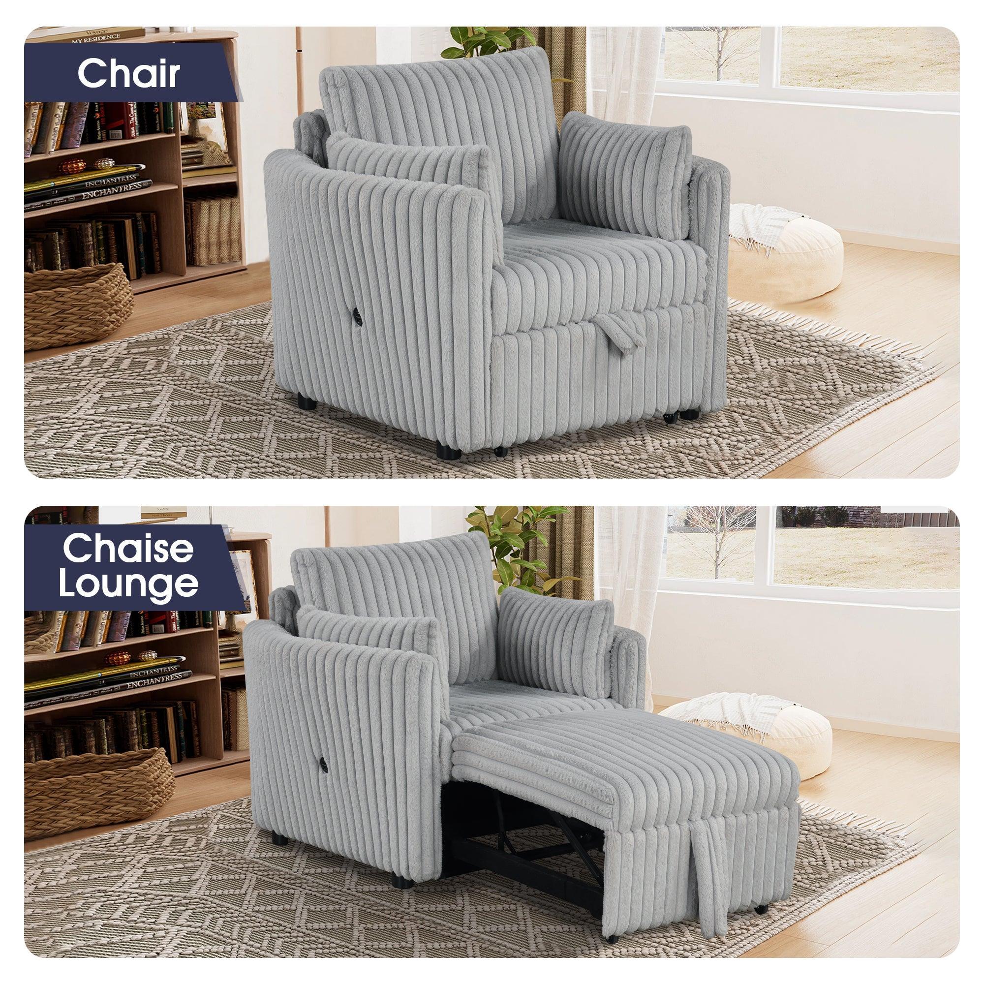 Light Gray Faux Fur Oversized Convertible Sleeper Sectional Sofa Couch Daybed and Chair Pull Out with 2 Pillows, USB Charging Ports for Living Room