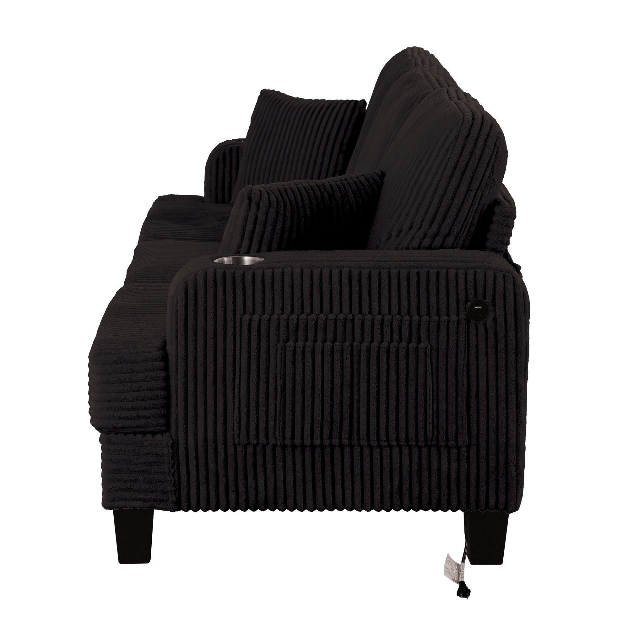 Black 3 Piece Set Comfy Sofa Couch 3-Seater & Loveseat Sofa with Storage Ottoman for Living Room with USB, Side Pockets, Pillows included
