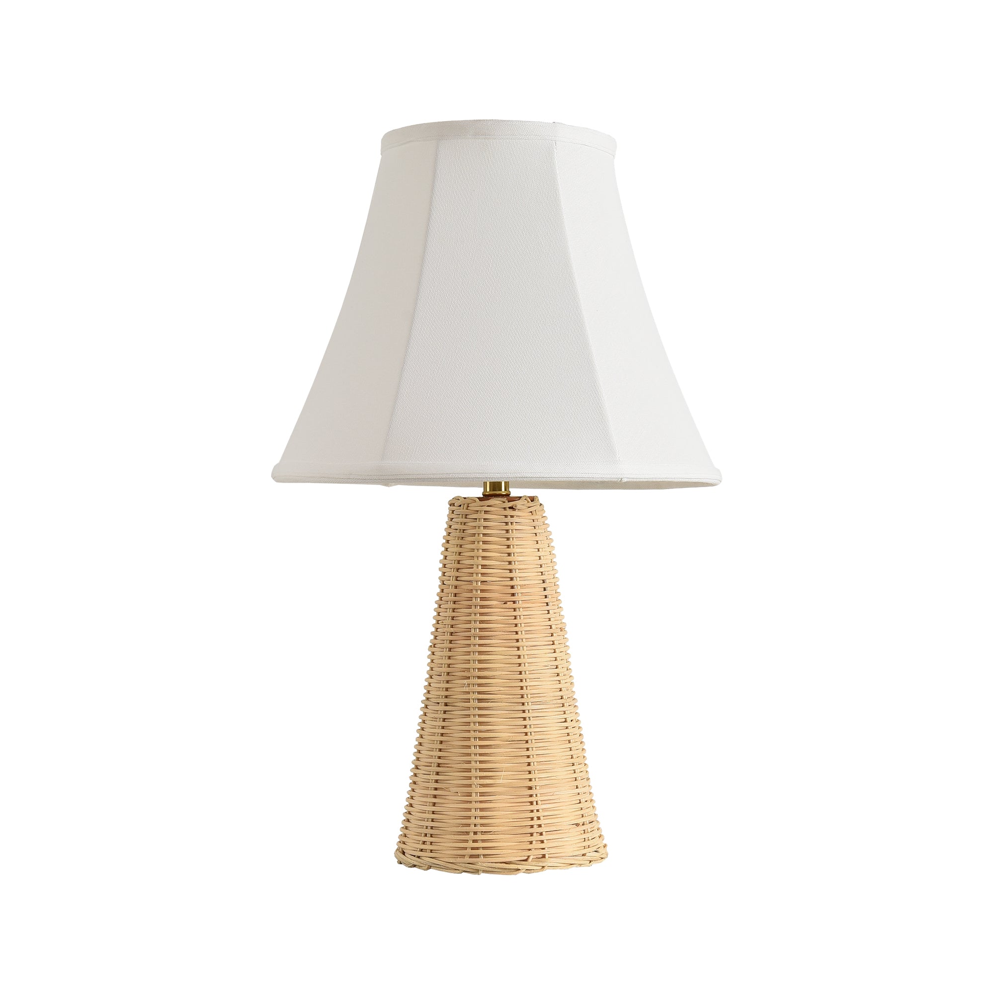 Table lamp with a woven rattan conical base and a white fabric shade