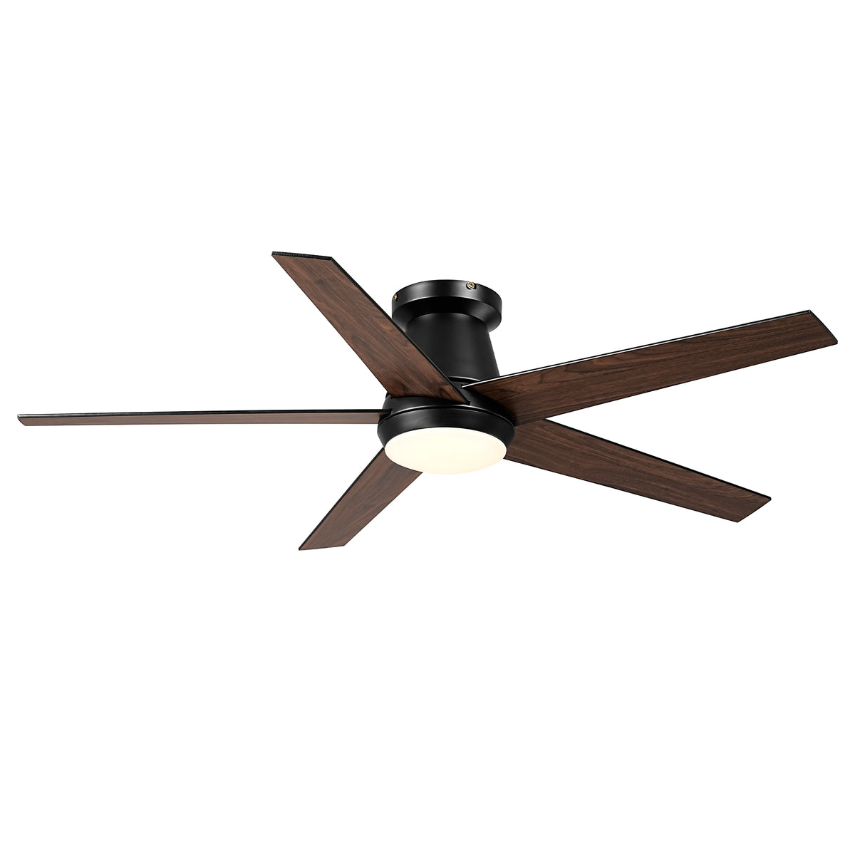 Modern black ceiling fan with dark wood blades and integrated LED light
