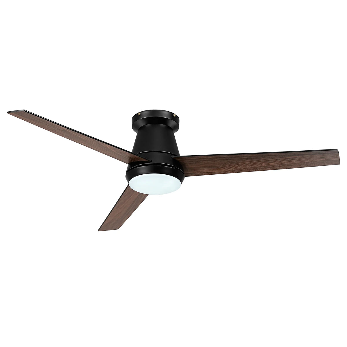 Modern ceiling fan with dark wood blades, black housing, and integrated light