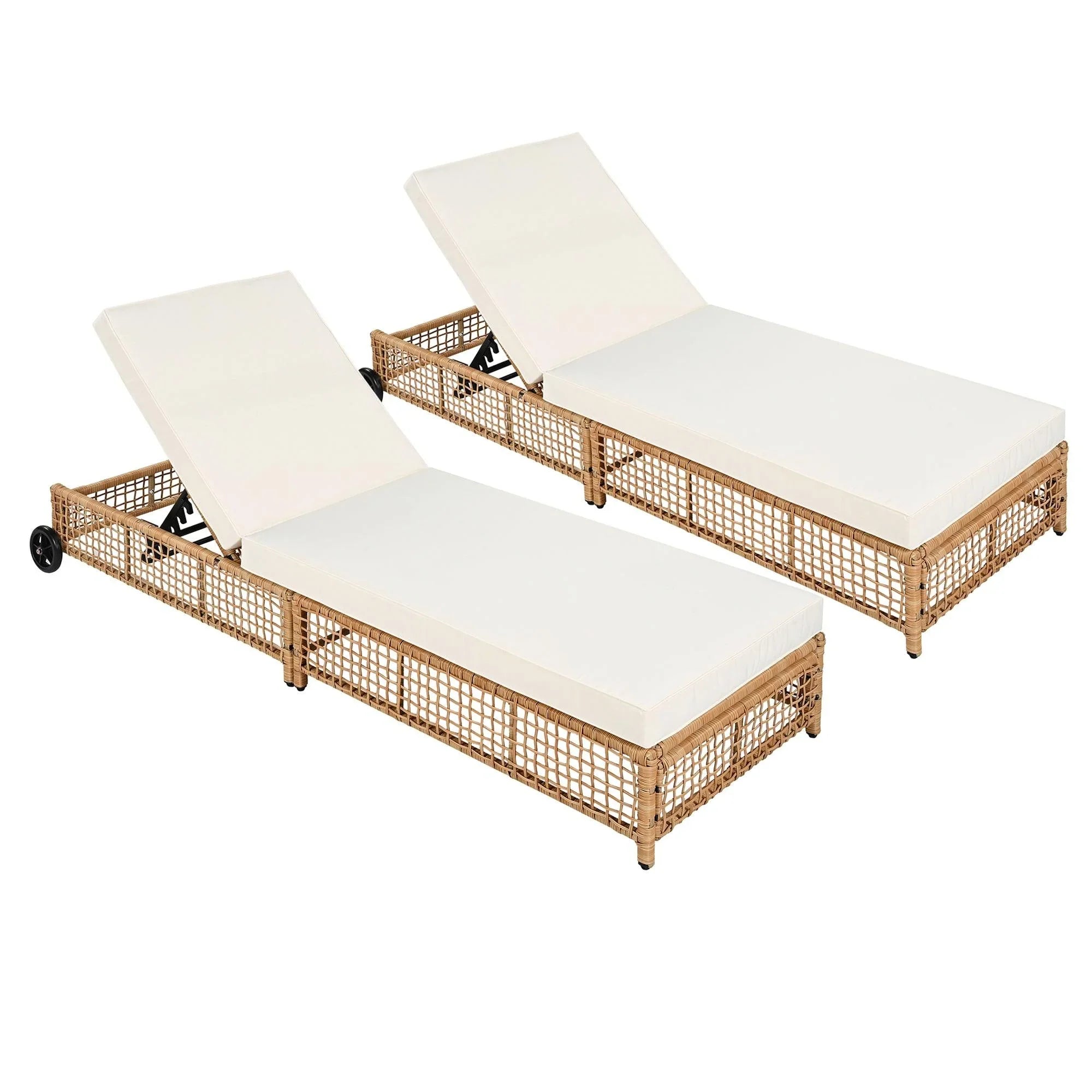 Outdoor Lounge Chair, Patio Chaise Lounge with 5-Position Backrest, Rattan Outdoor Lounge Chair with Cushion and Wheels for Poolside, Backyard, Garden