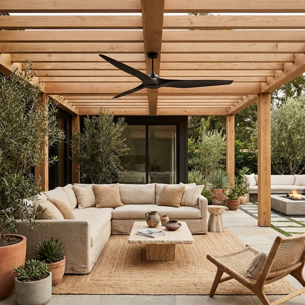 100 Inch Simon Black IP44 Outdoor Downrod Mount Ceiling Fan with Remote Control