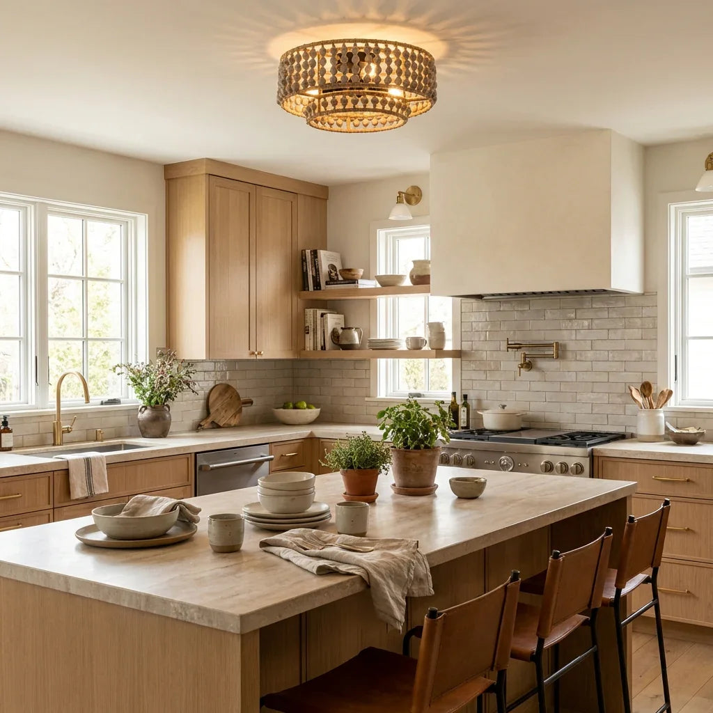Farmhouse 3-Light Wood Beaded Flush Mount Ceiling Lights