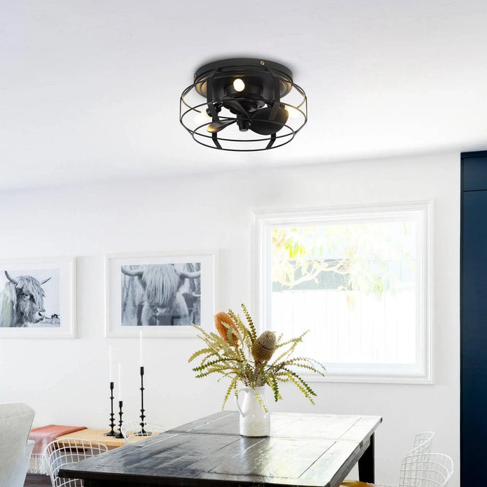 12" Industrial DC Motor Satin Nickel Flush Mount Reversible Iron Ceiling Fan with Lighting and Remote Control - ParrotUncle