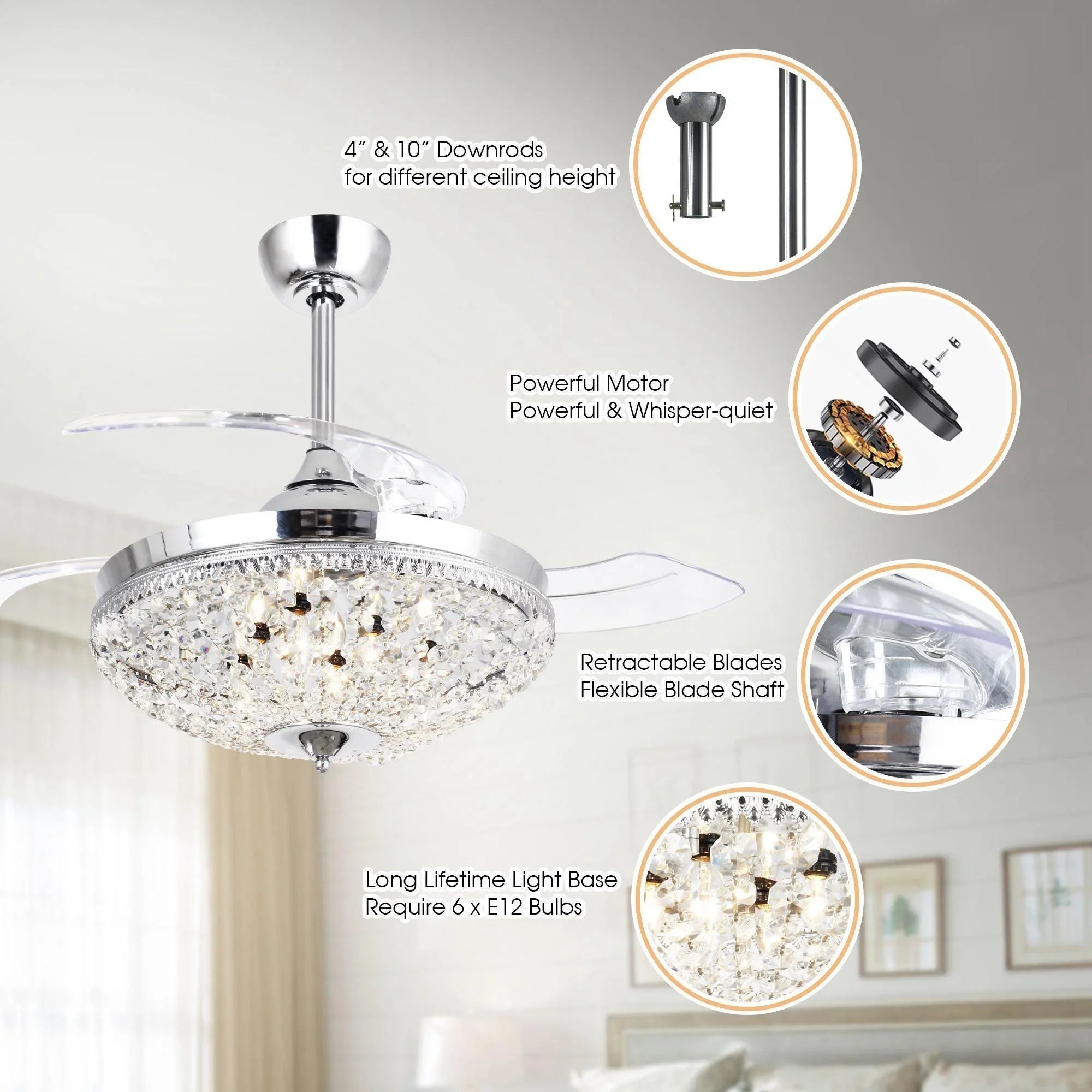 42" Servantes Modern Downrod Mount Crystal Ceiling Fan with Lighting and Remote Control - ParrotUncle