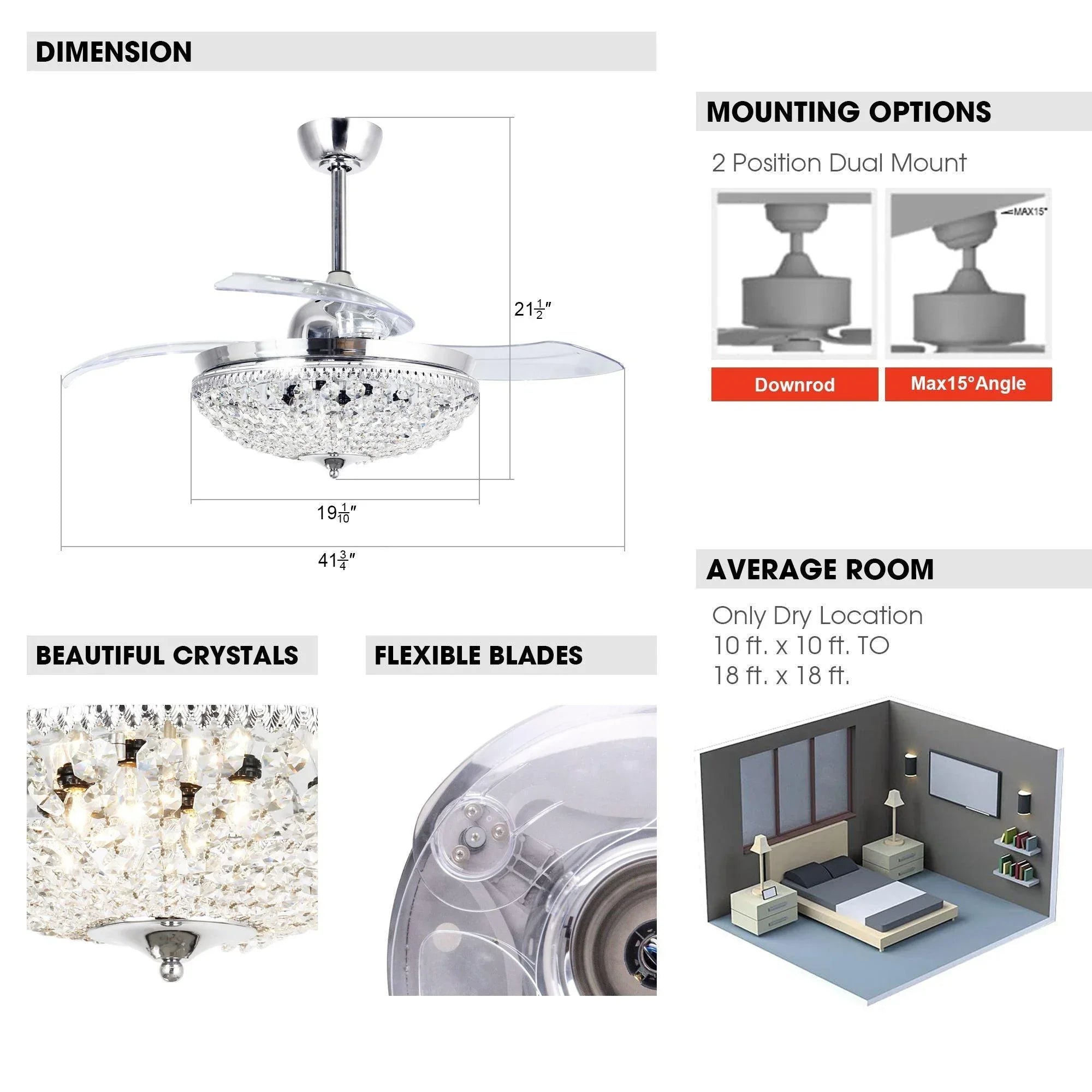 42" Servantes Modern Downrod Mount Crystal Ceiling Fan with Lighting and Remote Control - ParrotUncle