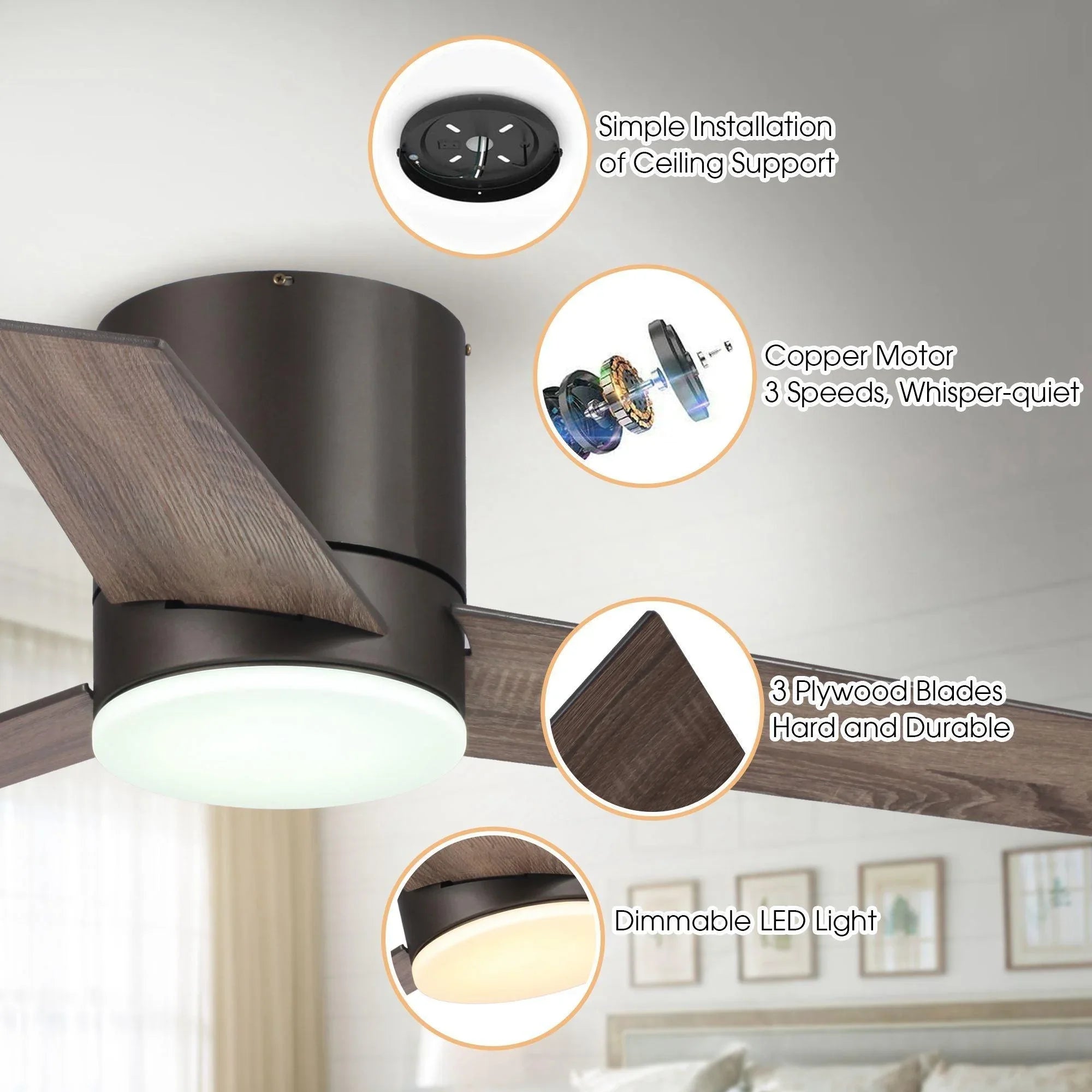 48" Kielah Traditional Flush Mount Reversible Ceiling Fan with Lighting and Remote Control - ParrotUncle