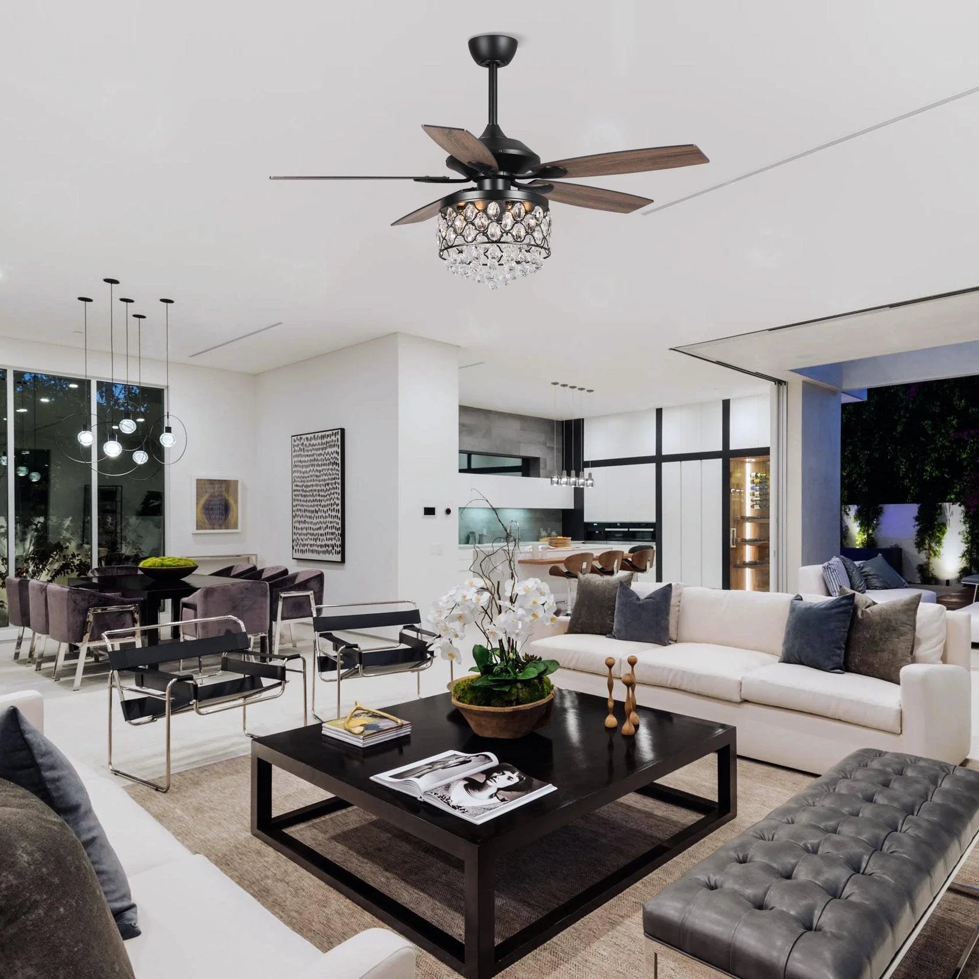 52" Berkshire Modern Downrod Mount Reversible Crystal Ceiling Fan with Lighting and Remote Control - ParrotUncle