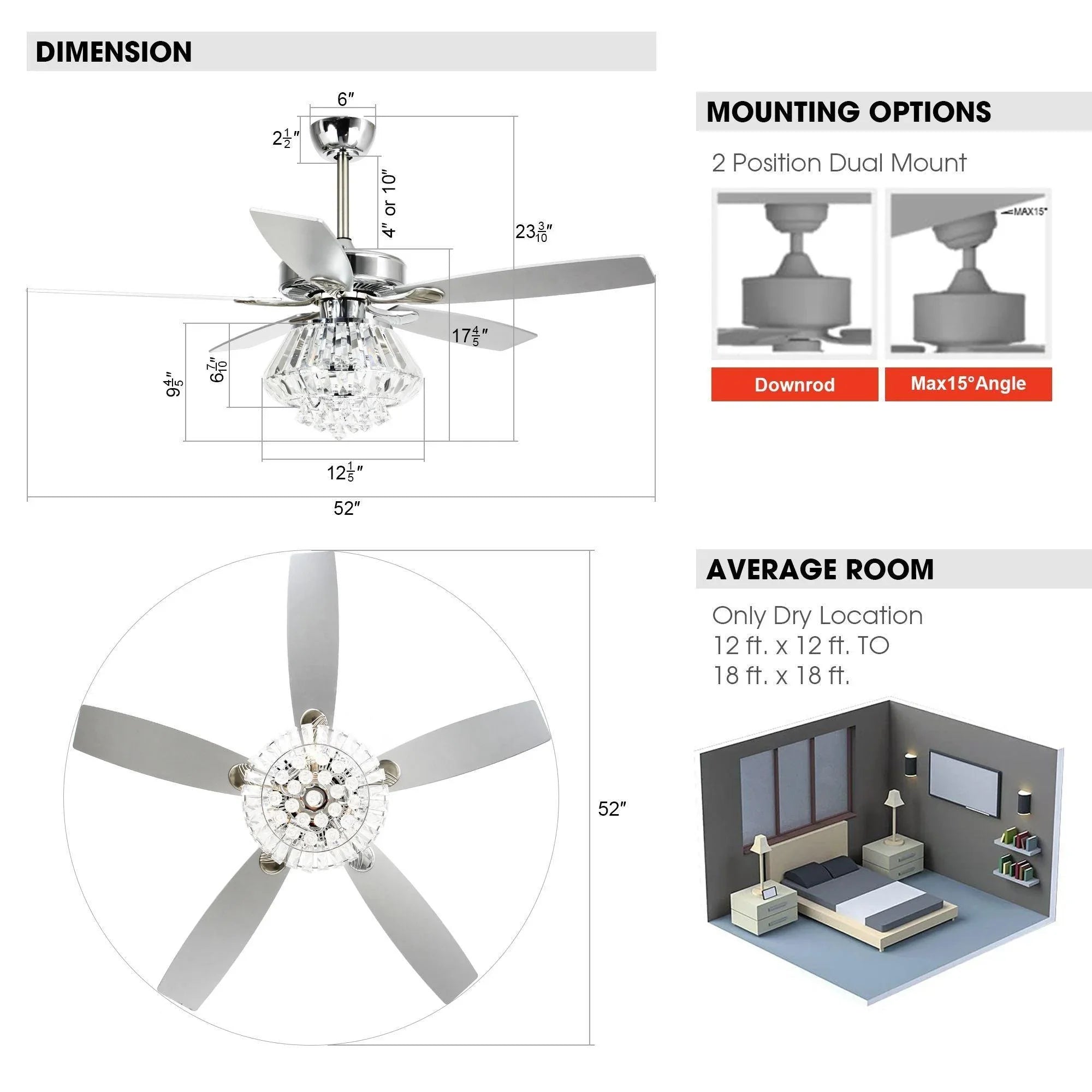 52" Kerala Modern Chrome Downrod Mount Reversible Crystal Ceiling Fan with Lighting and Remote Control - ParrotUncle