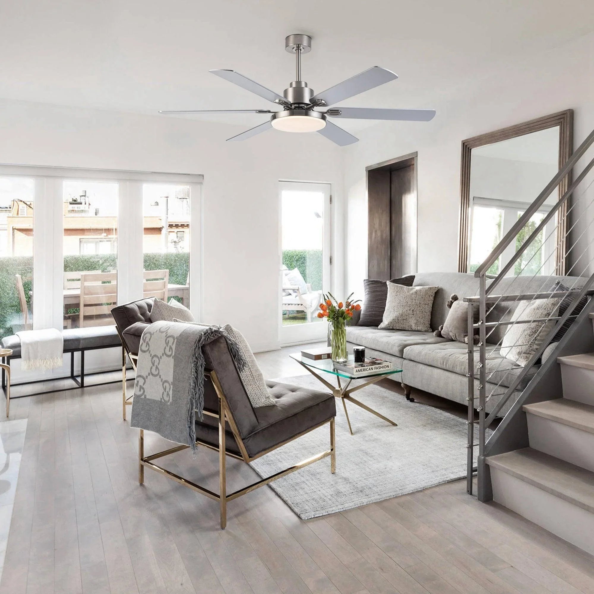 60" Lucknow Modern Satin Nickel DC Motor Downrod Mount Reversible Ceiling Fan with Lighting and Remote Control - ParrotUncle